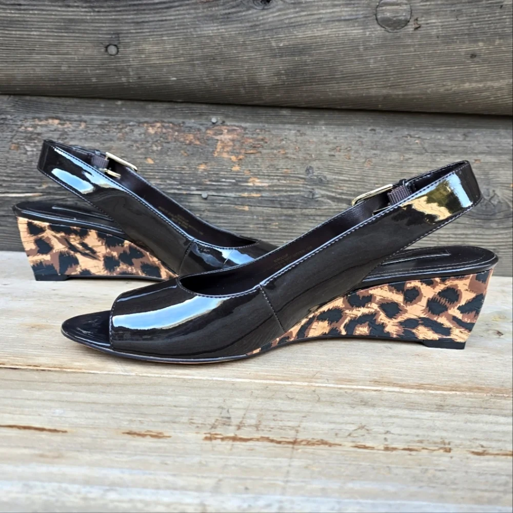 Bandolino Rollup Y2K Pop Glam Leopard Peep Toe Wedge Heels 8M